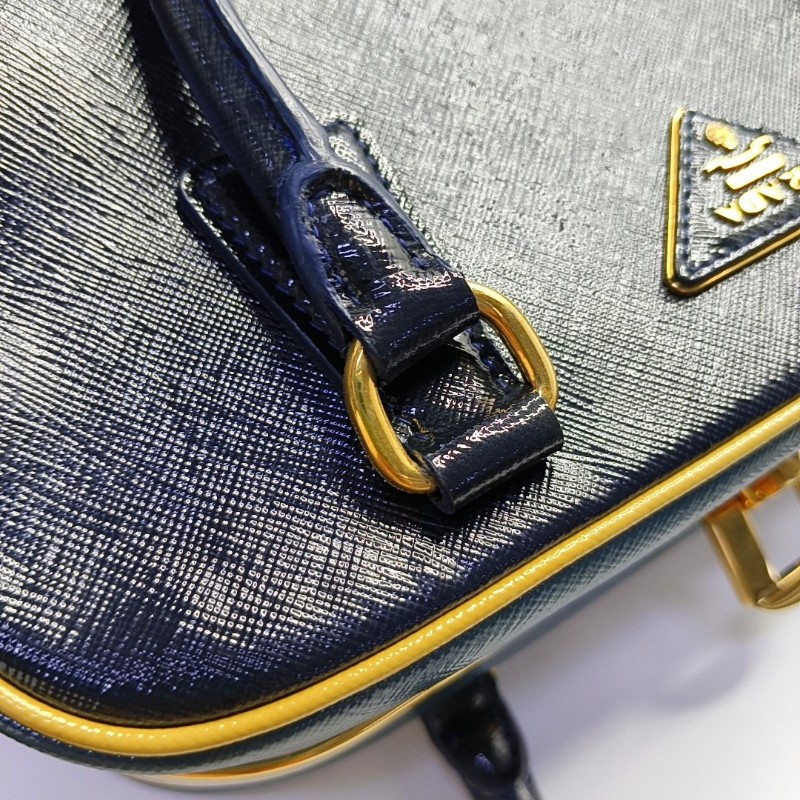 PRADA 深藍色牛皮手提包 金色五金-7