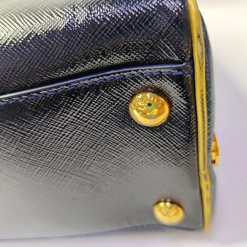 PRADA 深藍色牛皮手提包 金色五金-8