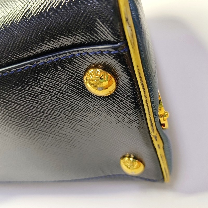 PRADA 深藍色牛皮手提包 金色五金-10