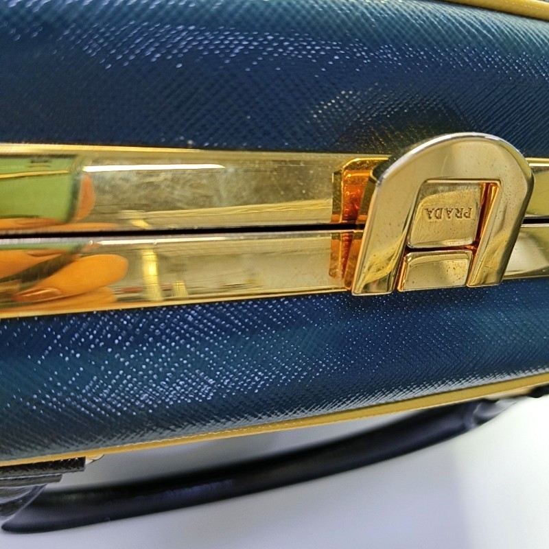 PRADA 深藍色牛皮手提包 金色五金-11