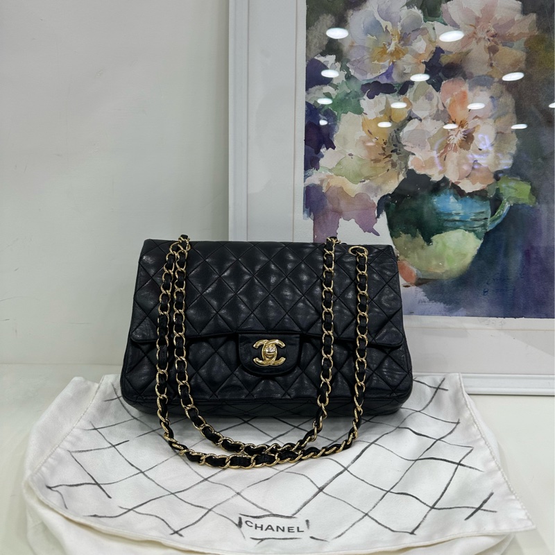 Chanel 香奈兒 中號 Cf 黑金羊皮菱格紋雙蓋紅內，13開 無卡，原廠成色-0