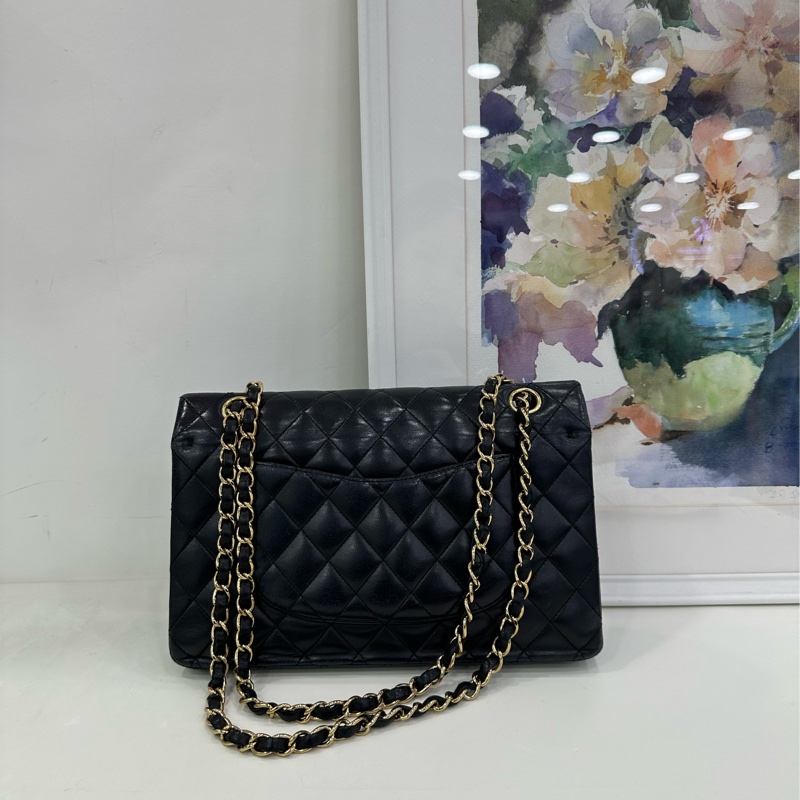 Chanel 香奈兒 中號 Cf 黑金羊皮菱格紋雙蓋紅內，13開 無卡，原廠成色-2