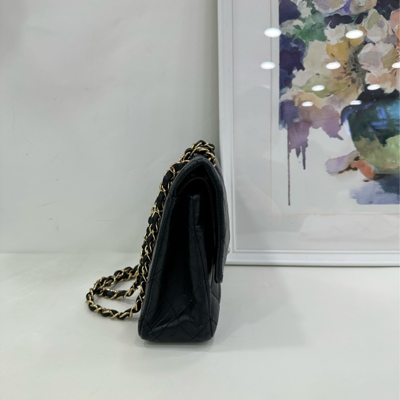 Chanel 香奈兒 中號 Cf 黑金羊皮菱格紋雙蓋紅內，13開 無卡，原廠成色-3