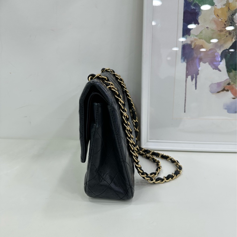 Chanel 香奈兒 中號 Cf 黑金羊皮菱格紋雙蓋紅內，13開 無卡，原廠成色-4