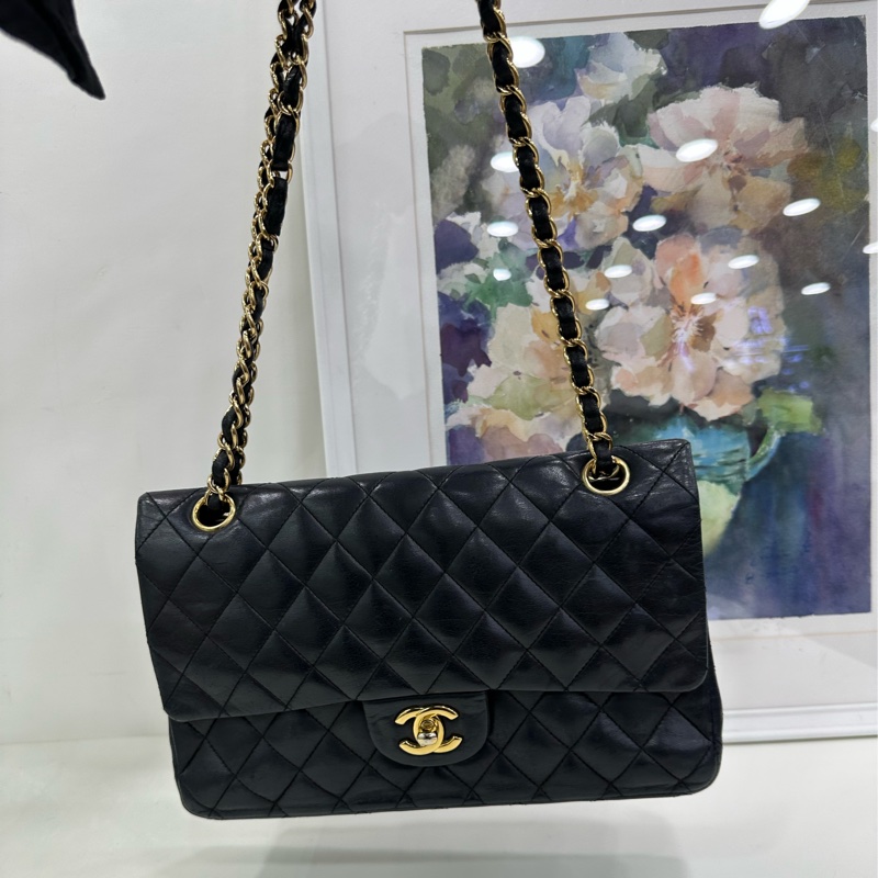 Chanel 香奈兒 中號 Cf 黑金羊皮菱格紋雙蓋紅內，13開 無卡，原廠成色-6