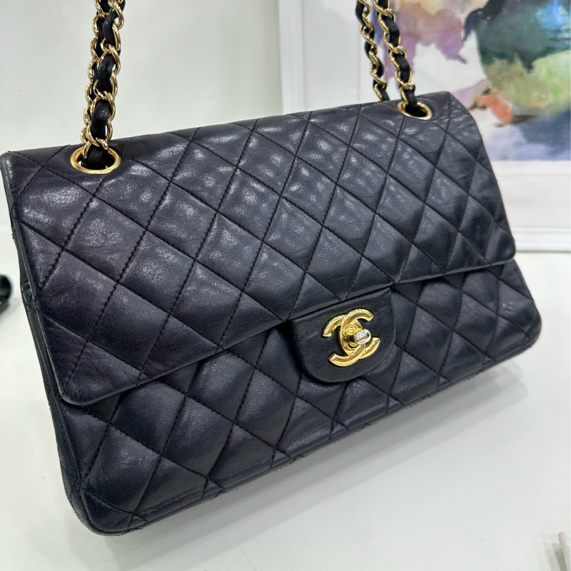 Chanel 香奈兒 中號 Cf 黑金羊皮菱格紋雙蓋紅內，13開 無卡，原廠成色-7