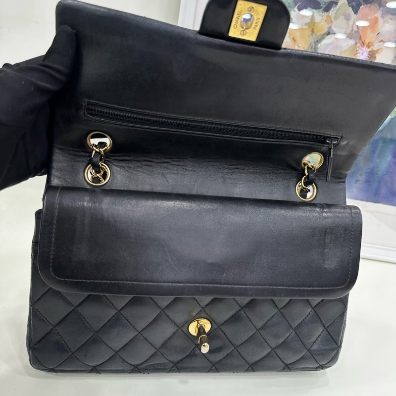 Chanel 香奈兒 中號 Cf 黑金羊皮菱格紋雙蓋紅內，13開 無卡，原廠成色-8