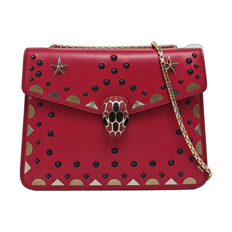 BVLGARI SERPENTI FOREVER 玫紅色牛皮蛇頭鑲嵌單肩包 金色五金-0