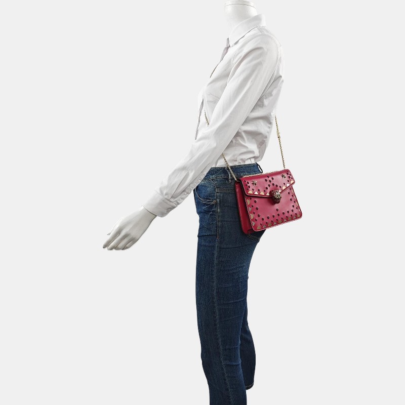 BVLGARI SERPENTI FOREVER 玫紅色牛皮蛇頭鑲嵌單肩包 金色五金-1