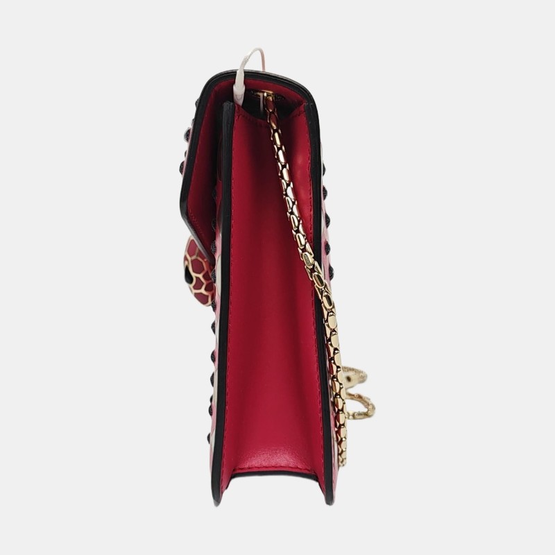 BVLGARI SERPENTI FOREVER 玫紅色牛皮蛇頭鑲嵌單肩包 金色五金-2