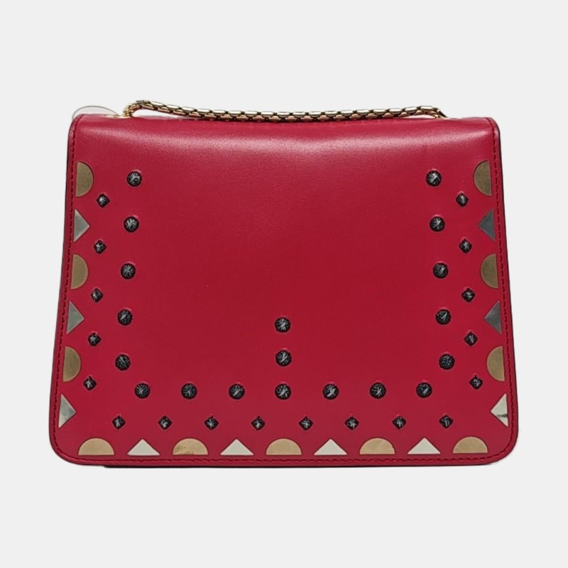 BVLGARI SERPENTI FOREVER 玫紅色牛皮蛇頭鑲嵌單肩包 金色五金-4