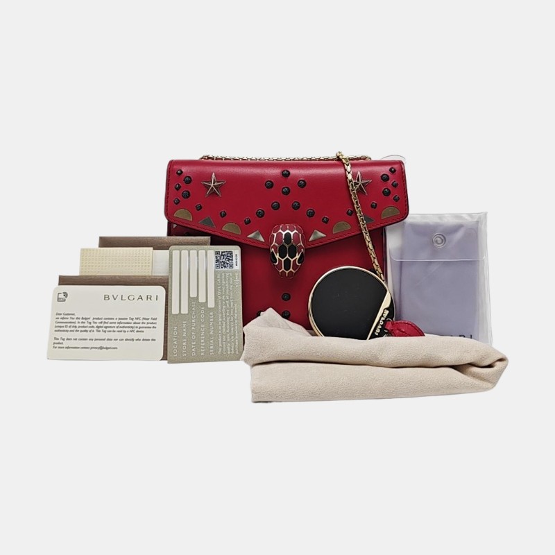 BVLGARI SERPENTI FOREVER 玫紅色牛皮蛇頭鑲嵌單肩包 金色五金-7