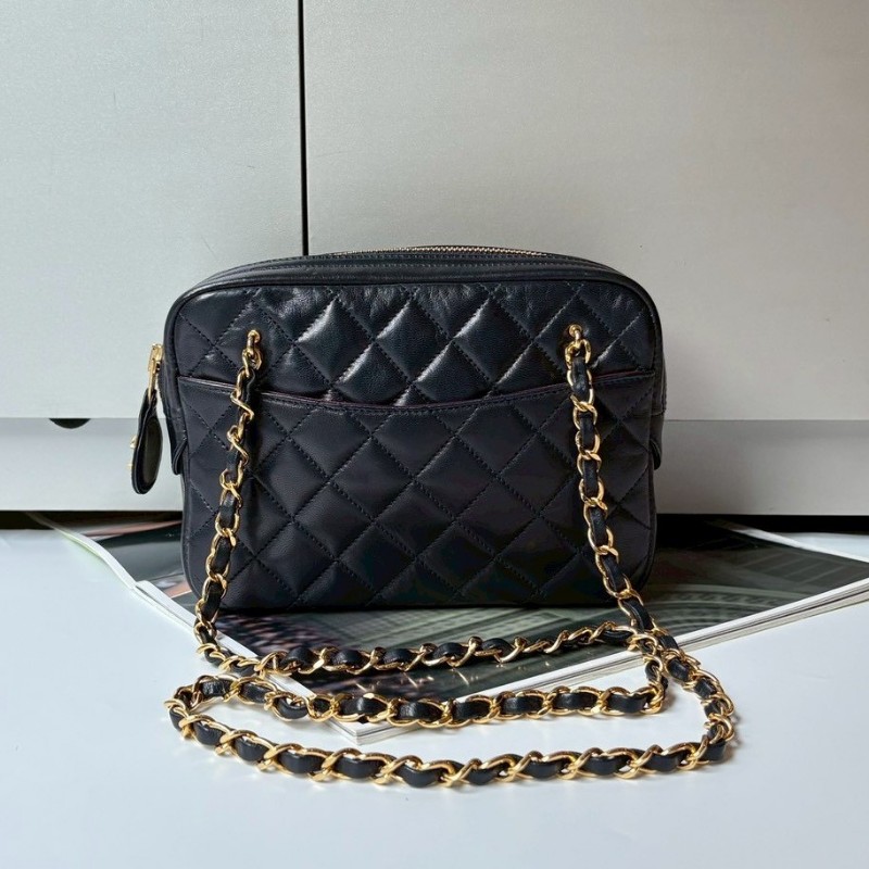 Chanel 金鍊深藍皮菱格長肩側包-0