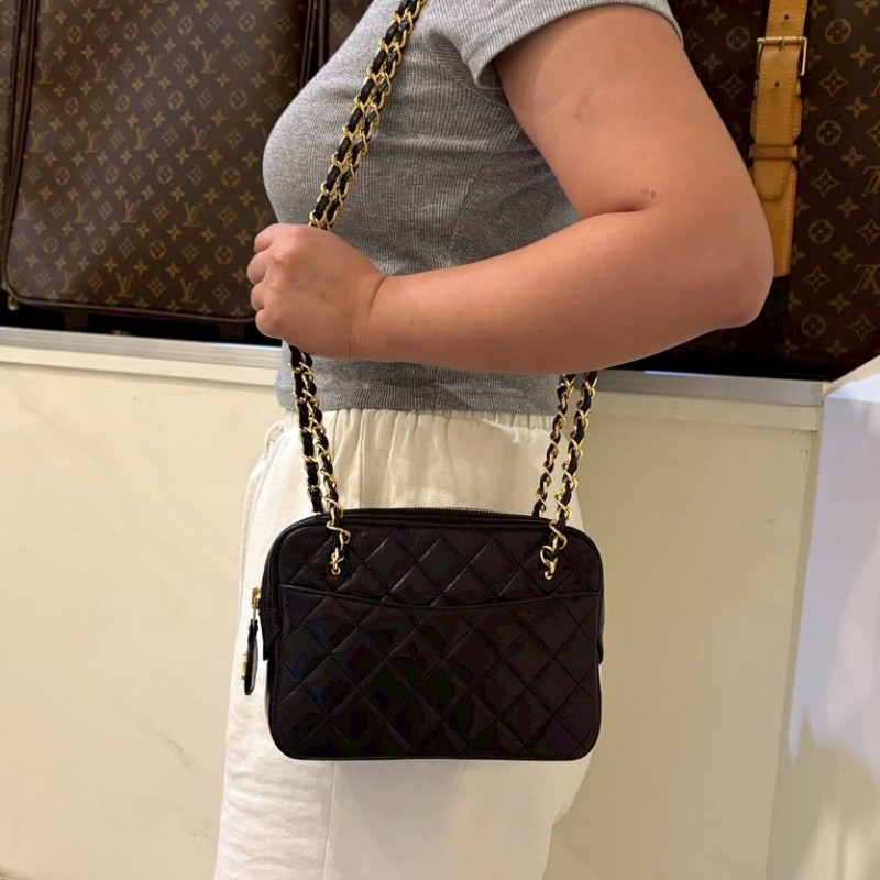 Chanel 金鍊深藍皮菱格長肩側包-1