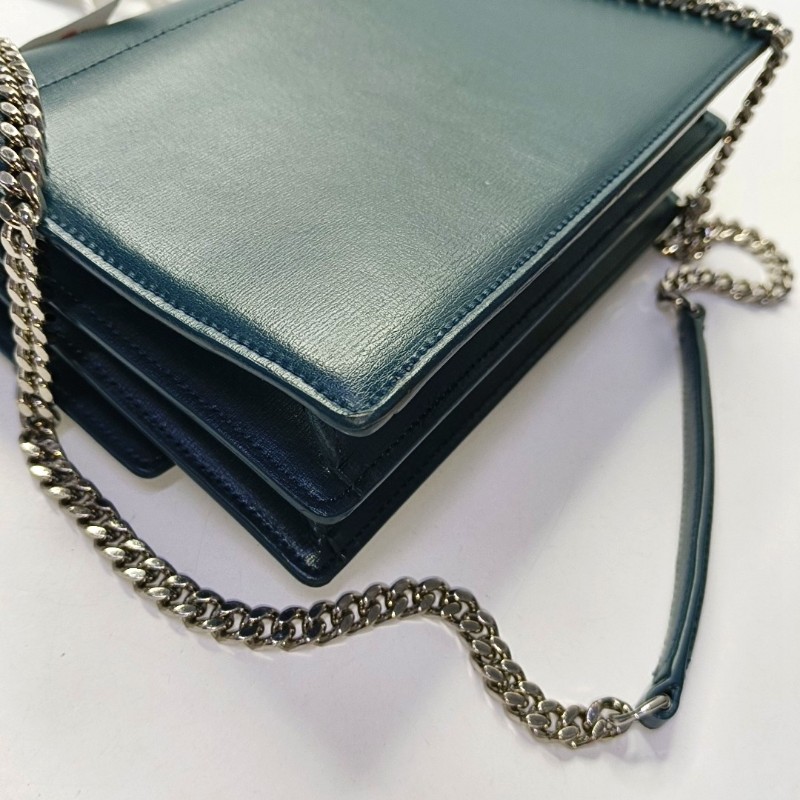 YSL SUNSET 中號 深綠色牛皮日落包單肩包斜挎包 銀色五金-9