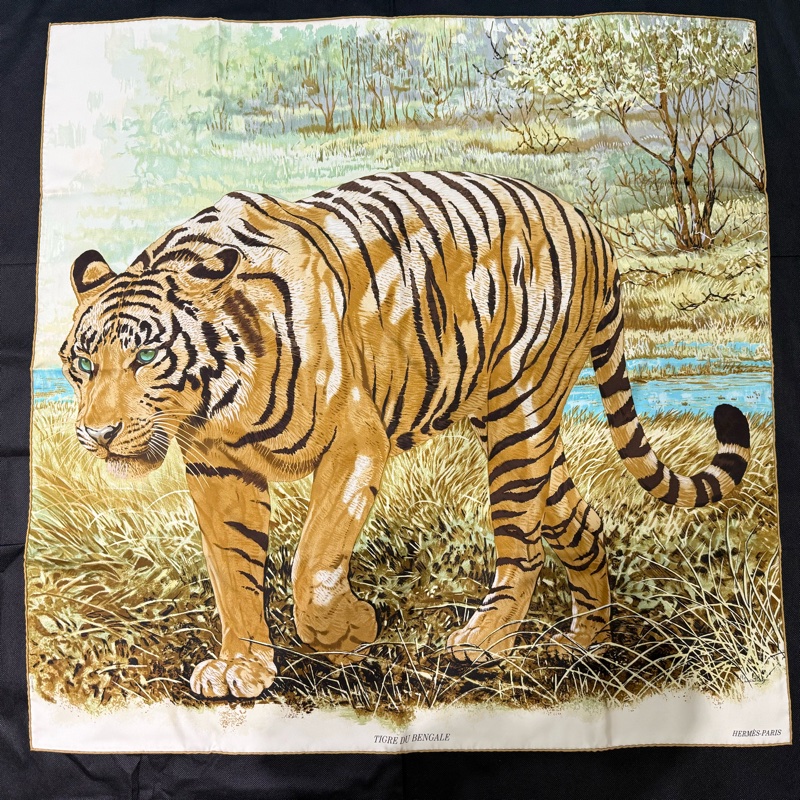 HERMES老虎90*90單面絲方巾-1