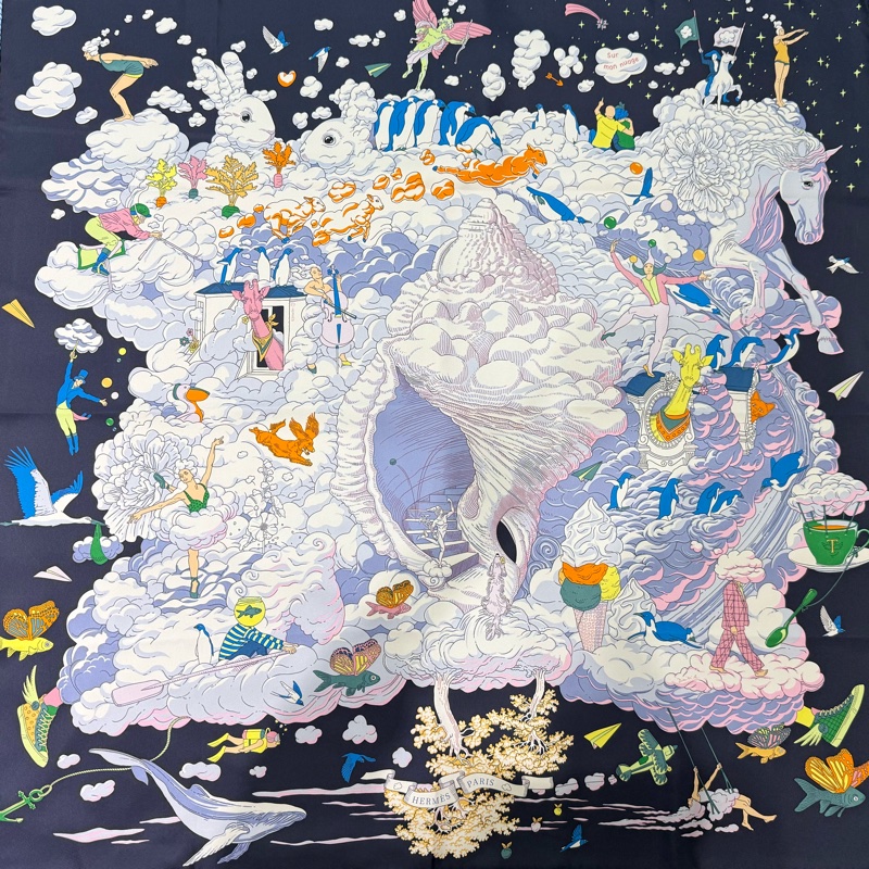 Hermes深藍雙兔天使飛馬動物系列淺藍橫條滾邊90x90披巾-0