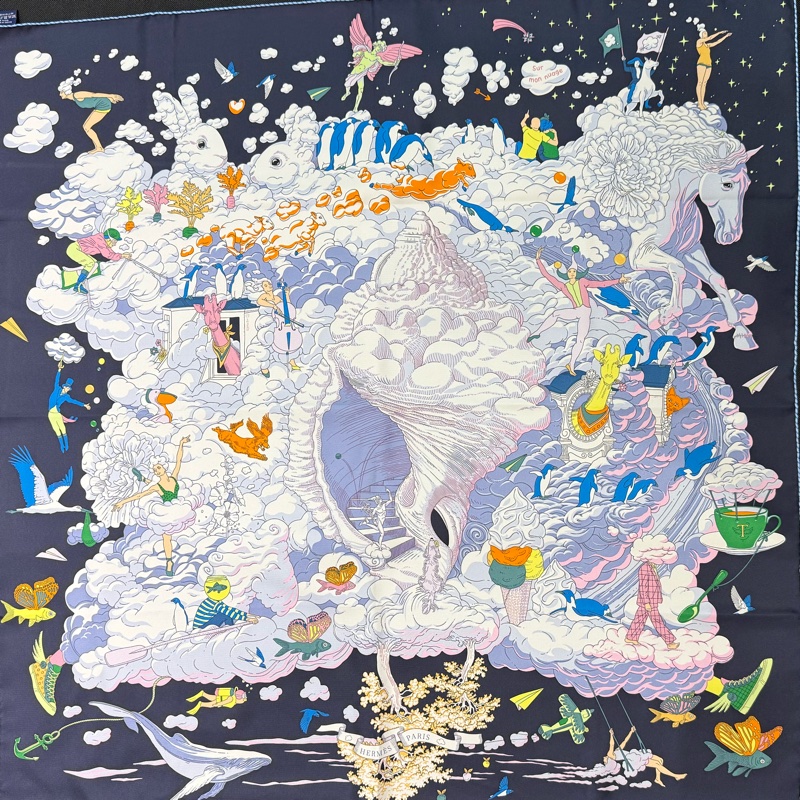 Hermes深藍雙兔天使飛馬動物系列淺藍橫條滾邊90x90披巾-9