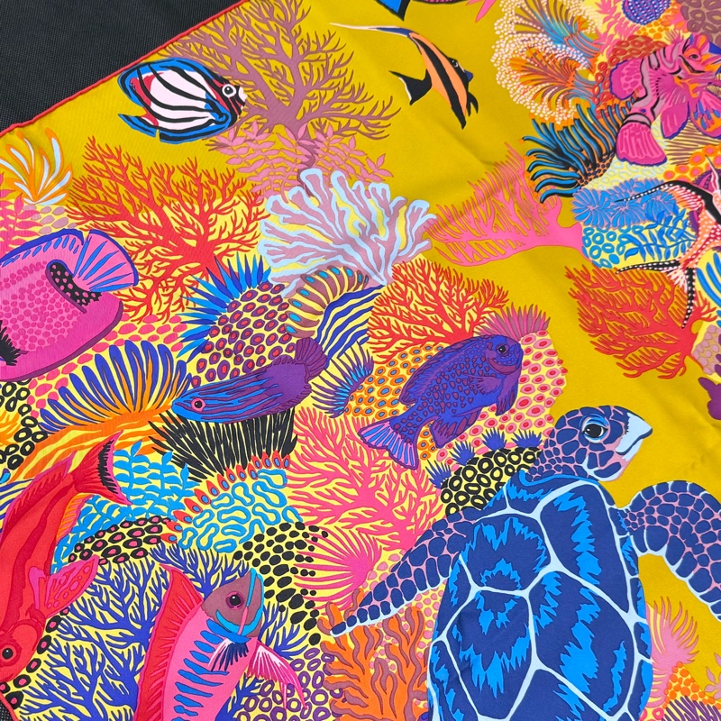 HERMES彩色海底世界100%真絲90方巾-4