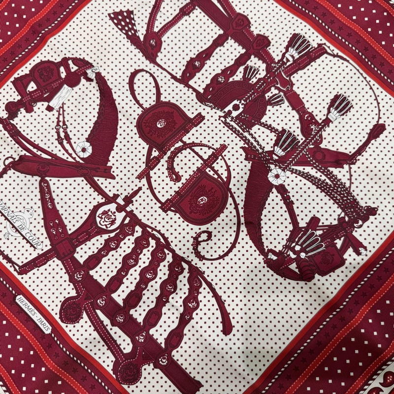 HERMES紅底白面馬具圖Harnais de cour絲巾55cm-2