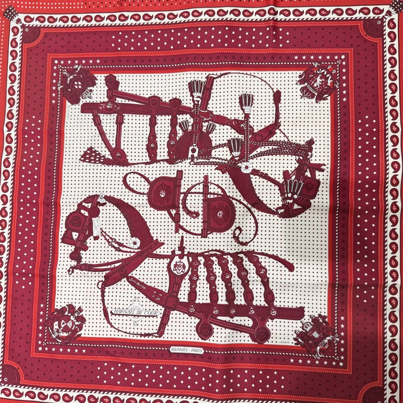 HERMES紅底白面馬具圖Harnais de cour絲巾55cm-5