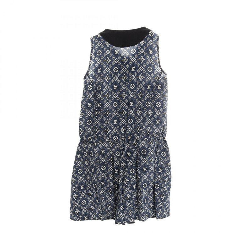LOUIS VUITTON Monogram 無袖洋裝 絲綢 藍白多色 #34 二手 女士-1
