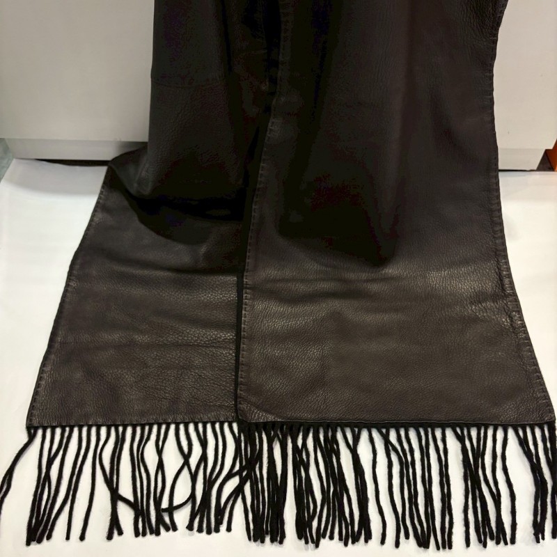 Hermes 黑色鹿皮/cashmere 雙面流蘇圍巾-1