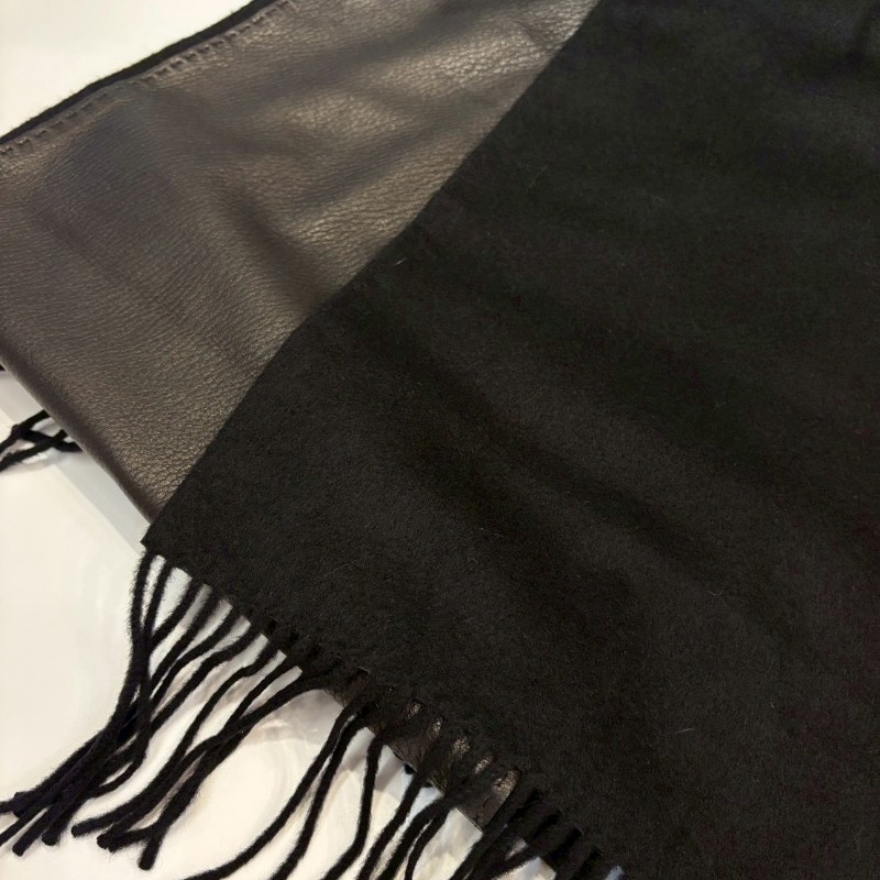 Hermes 黑色鹿皮/cashmere 雙面流蘇圍巾-5