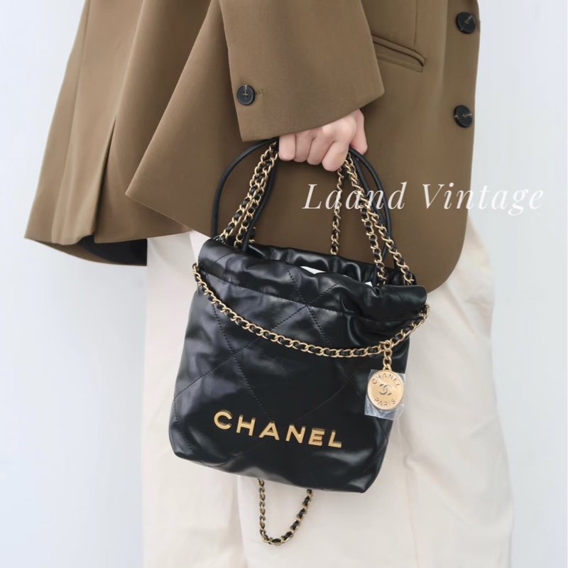 全新CHANEL黑色金字mini 22Bag斜背包流浪包AS3980-15