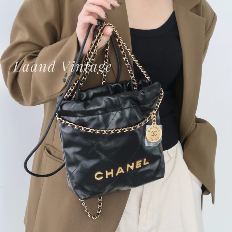 全新CHANEL黑色金字mini 22Bag斜背包流浪包AS3980-16