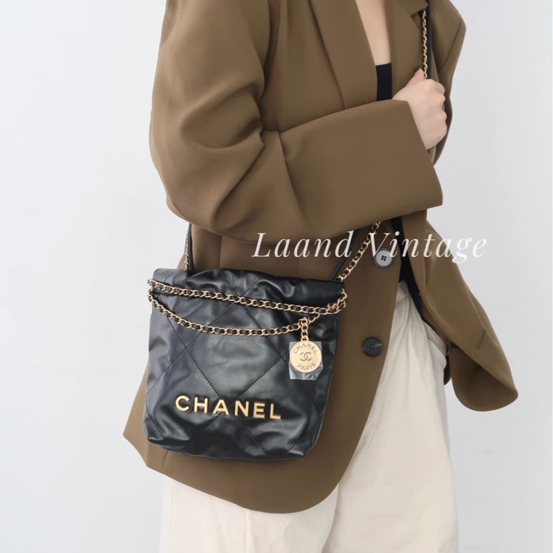 全新CHANEL黑色金字mini 22Bag斜背包流浪包AS3980-17