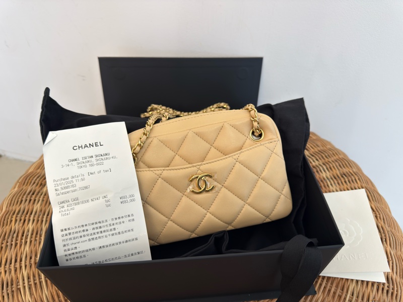 近新CHANEL米色小羊皮金釦金幣雙鏈兩用相機包AS5190-0