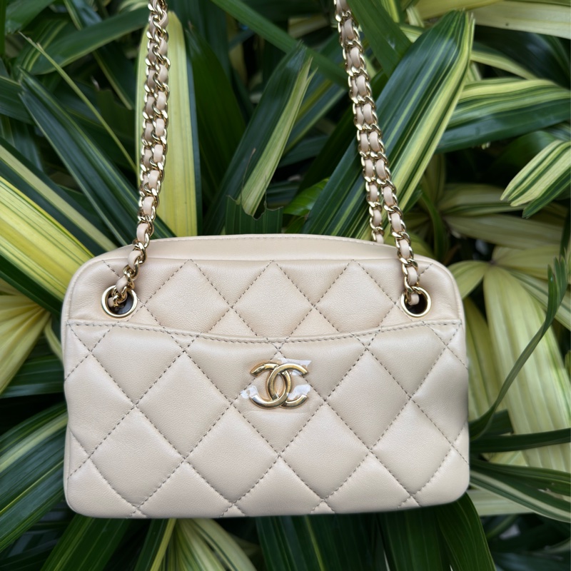 近新CHANEL米色小羊皮金釦金幣雙鏈兩用相機包AS5190-13