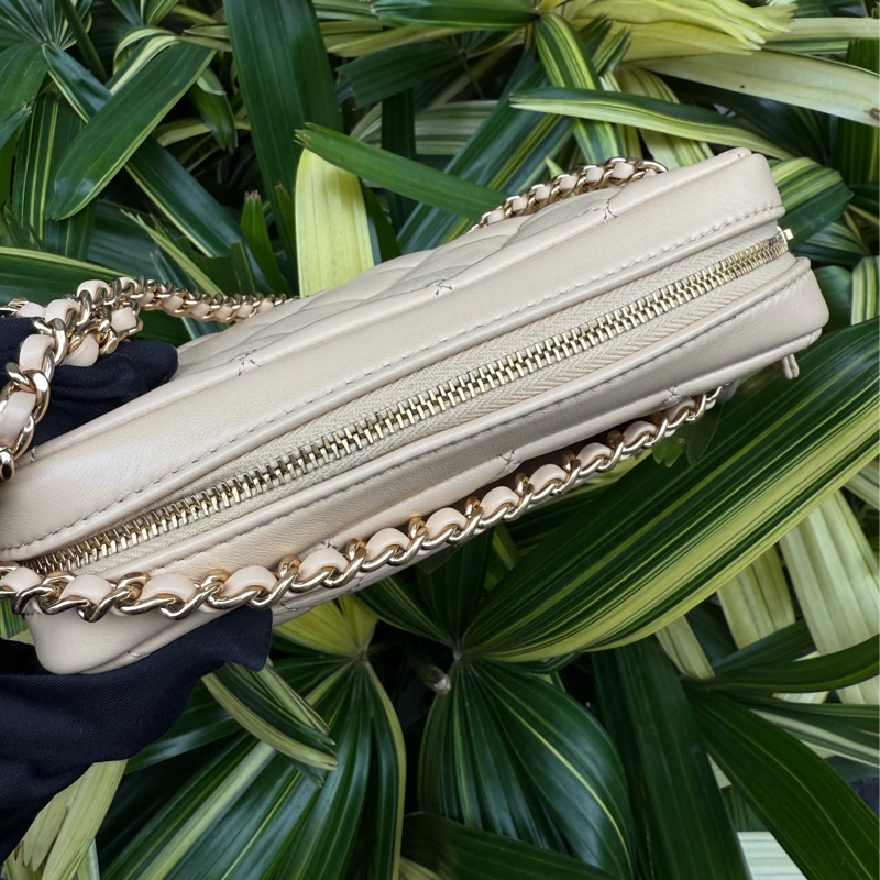 近新CHANEL米色小羊皮金釦金幣雙鏈兩用相機包AS5190-16