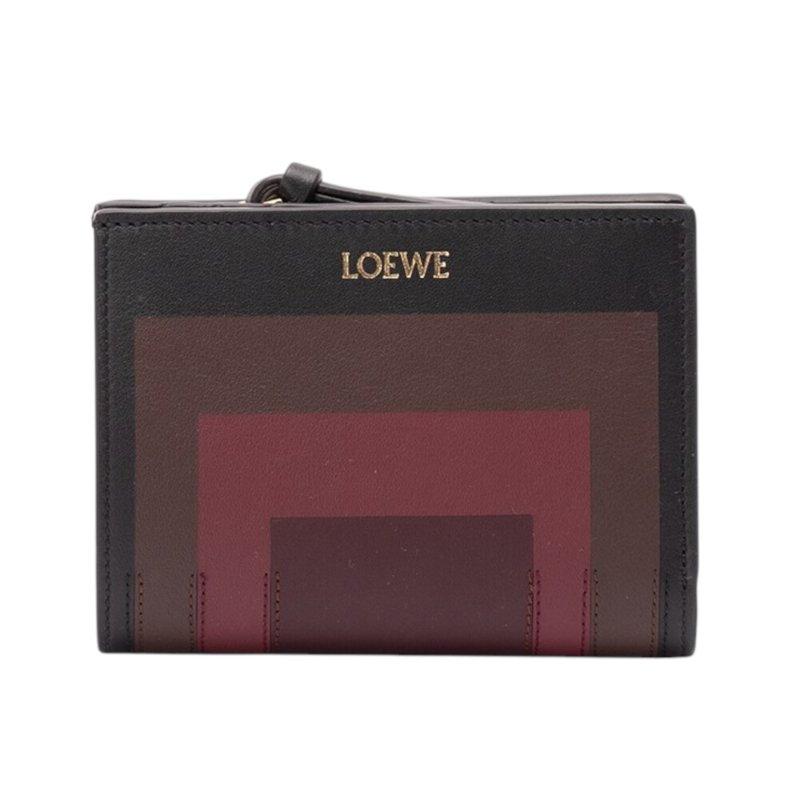 【LOEWE 羅威】x Albers 納帕小牛皮 嵌花方形 錢包 皮夾 卡夾 短夾 黑色 酒紅色-0