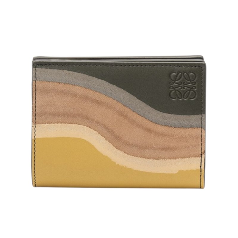 【LOEWE 羅威】Compact Landscape 納帕小牛皮 麂皮 錢包 皮夾 卡夾 短夾 酒瓶綠 赭色-4