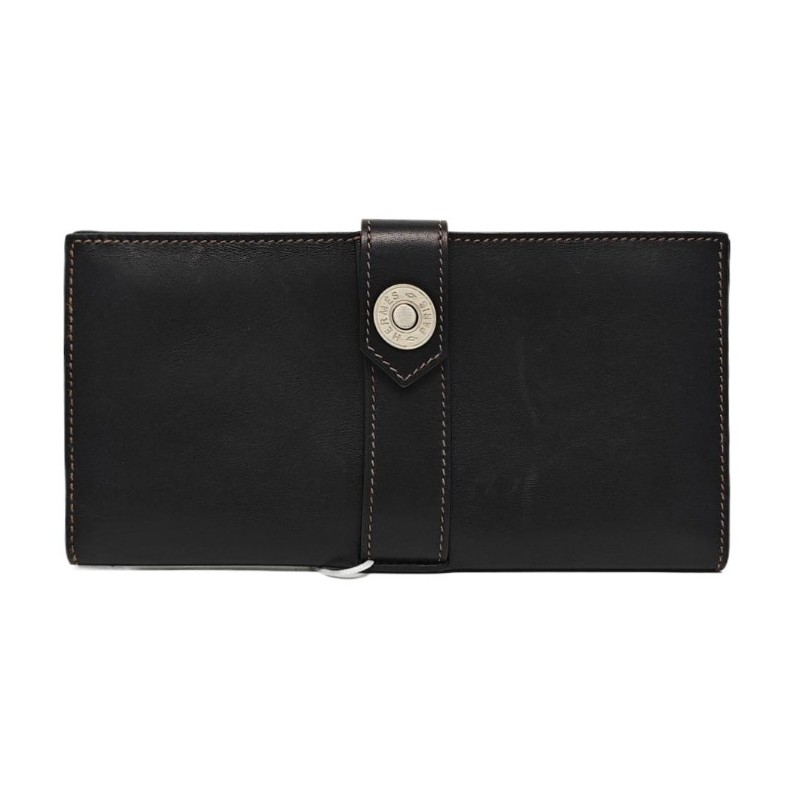 HERMES 黑色BOX皮錢包 銀色五金 L刻-0