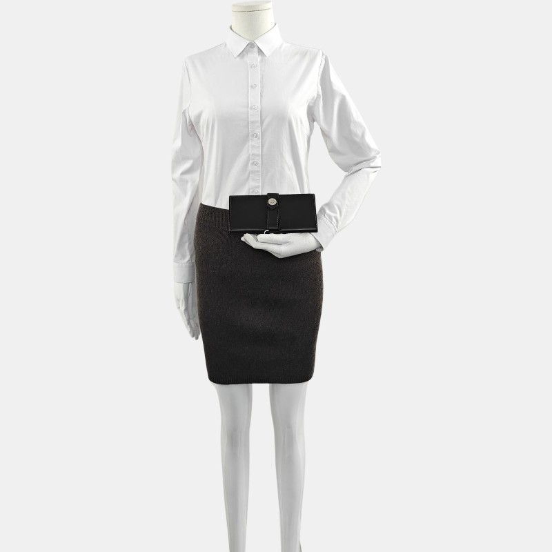 HERMES 黑色BOX皮錢包 銀色五金 L刻-1