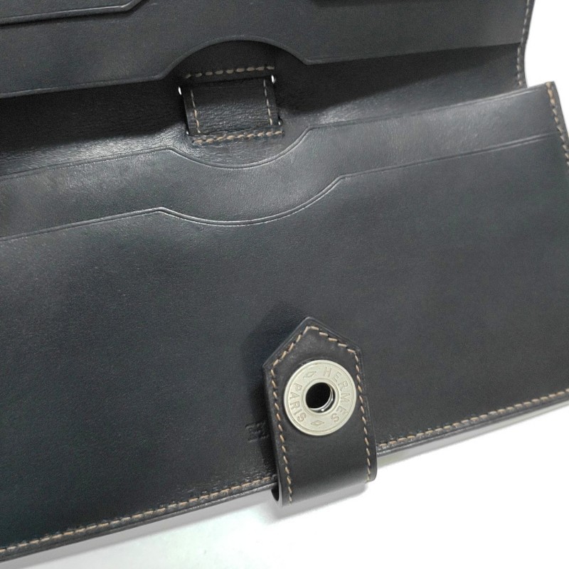 HERMES 黑色BOX皮錢包 銀色五金 L刻-11