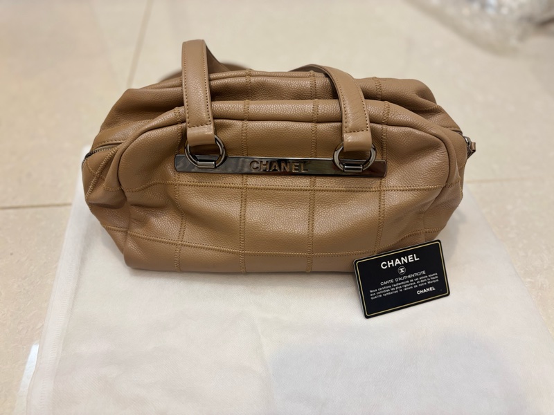 Chanel 奶茶色 冰格 波士頓 腋下包 手提包 vintage-2