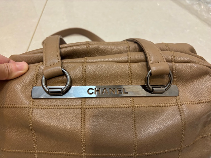 Chanel 奶茶色 冰格 波士頓 腋下包 手提包 vintage-3