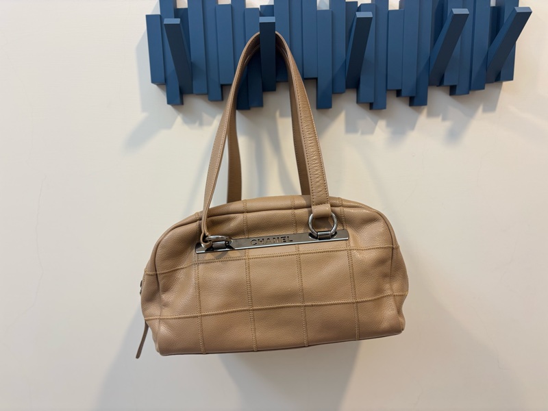 Chanel 奶茶色 冰格 波士頓 腋下包 手提包 vintage-6