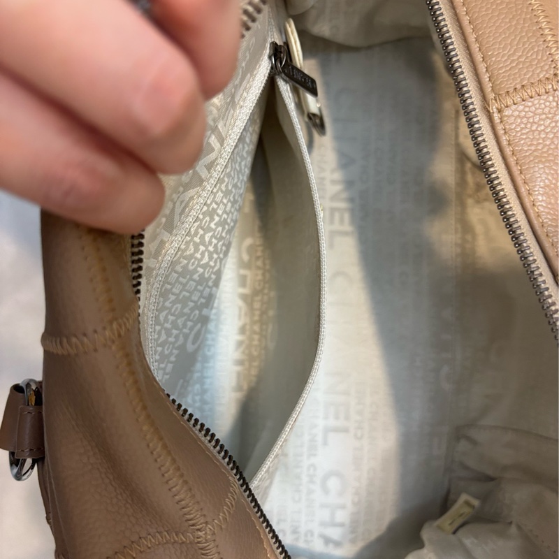 Chanel 奶茶色 冰格 波士頓 腋下包 手提包 vintage-16