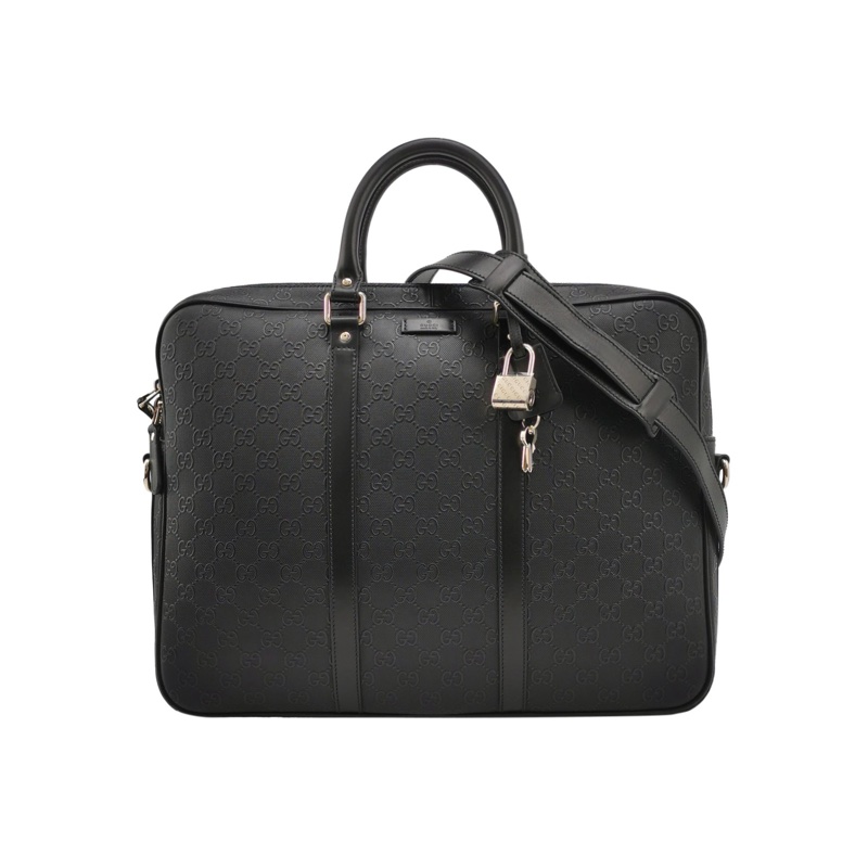 Gucci 古馳 黑色老花全皮 電腦公事包 手提包 肩背包-0