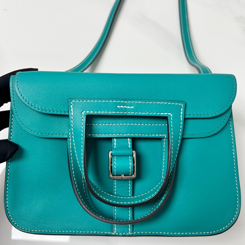 95新 Hermes mini Halzan 孔雀綠 銀扣 X刻 Swift皮-0