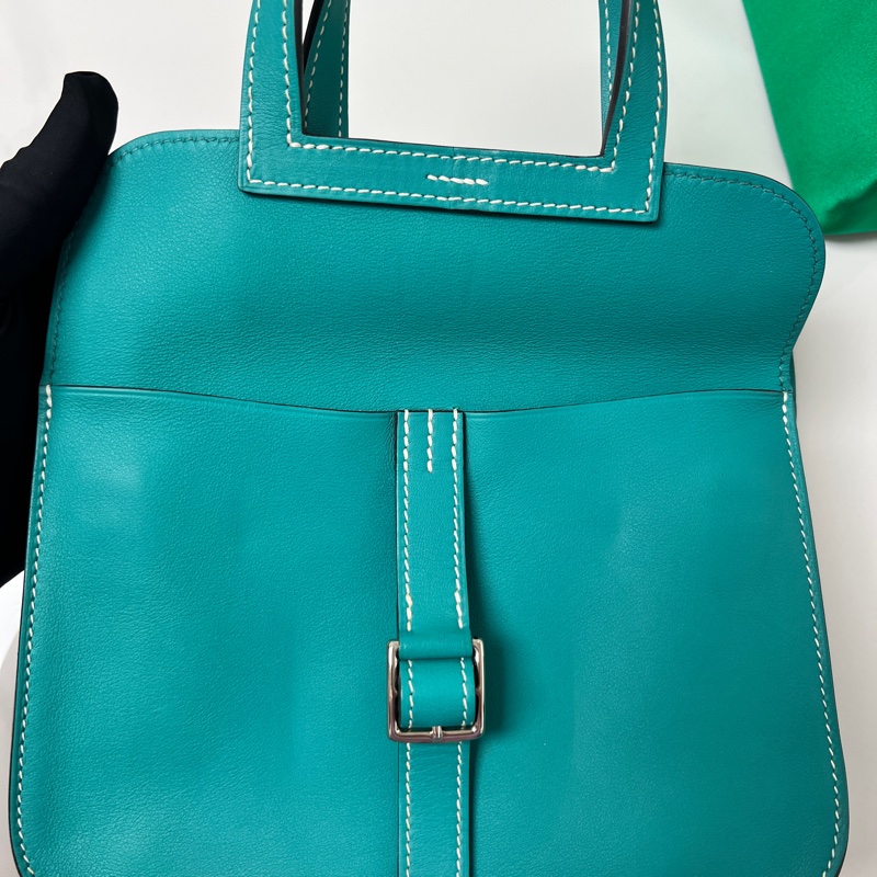 95新 Hermes mini Halzan 孔雀綠 銀扣 X刻 Swift皮-6