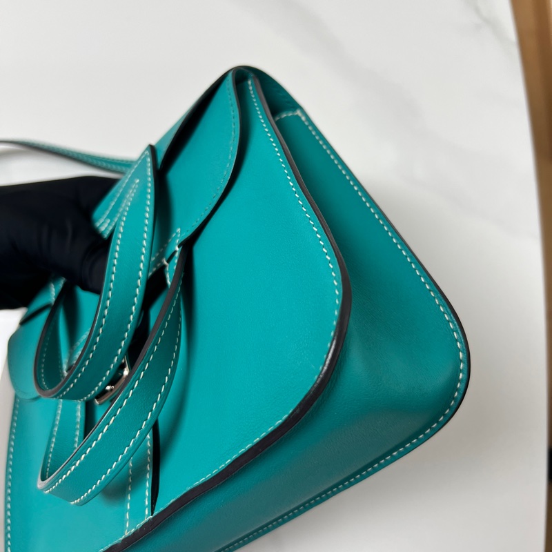 95新 Hermes mini Halzan 孔雀綠 銀扣 X刻 Swift皮-8