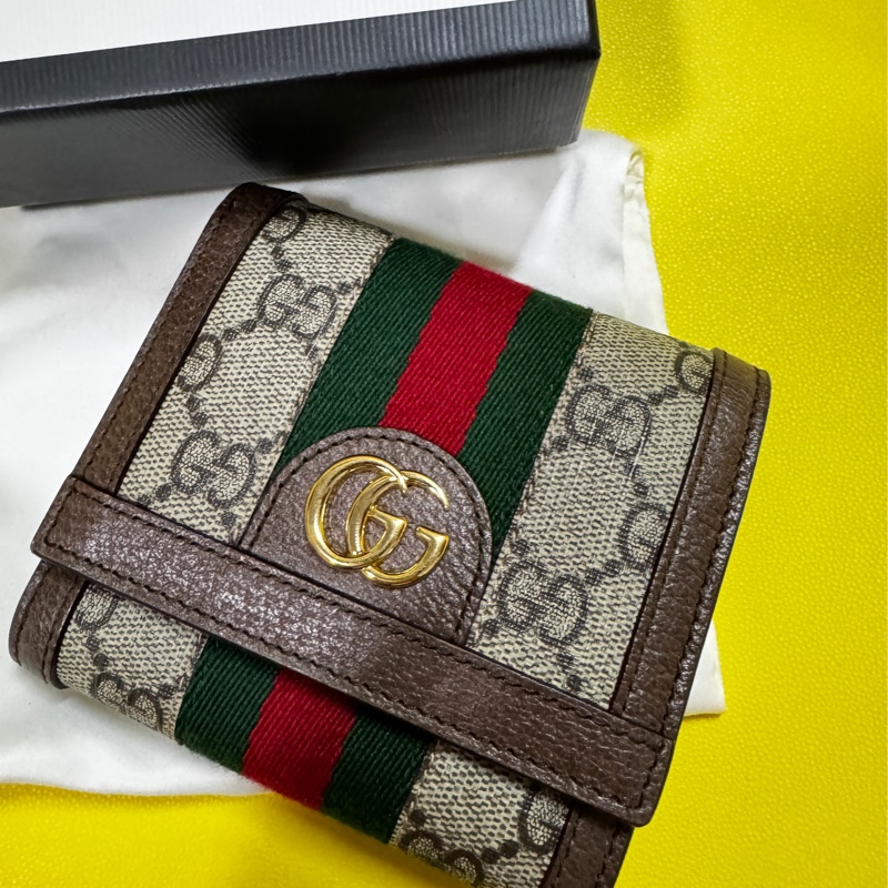 ❤️‍🔥 GUCCI 古馳 Ophidia GG 帆布牛皮飾邊暗釦皮夾零錢包卡夾 短夾 米色 烏木色-0