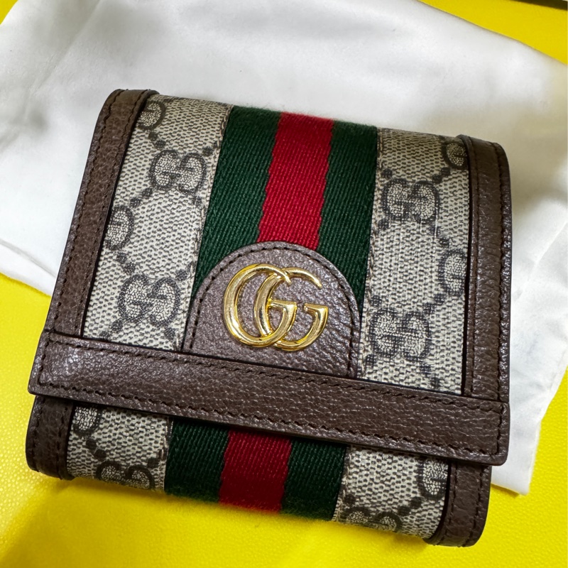 ❤️‍🔥 GUCCI 古馳 Ophidia GG 帆布牛皮飾邊暗釦皮夾零錢包卡夾 短夾 米色 烏木色-2