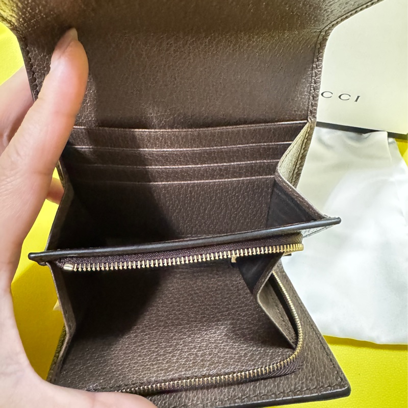 ❤️‍🔥 GUCCI 古馳 Ophidia GG 帆布牛皮飾邊暗釦皮夾零錢包卡夾 短夾 米色 烏木色-4